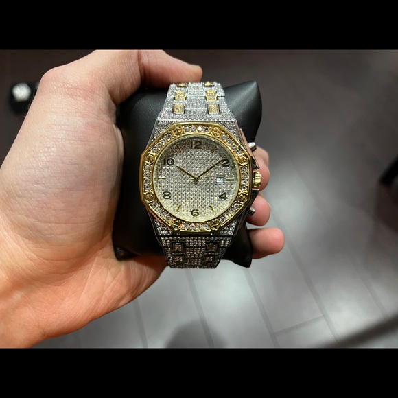 Mens hexagon watch cz diamonds two tone premium quality hip hop rapper - Picture 3 of 3
